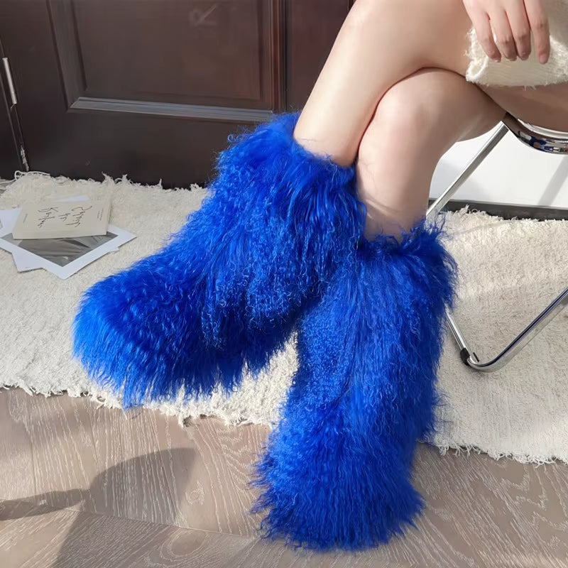 Real Mongolian Fur Noots Wool Boots Women'S Winter Boots Female Warm Snow Boot Fur Shoes Woman 2024 Trend