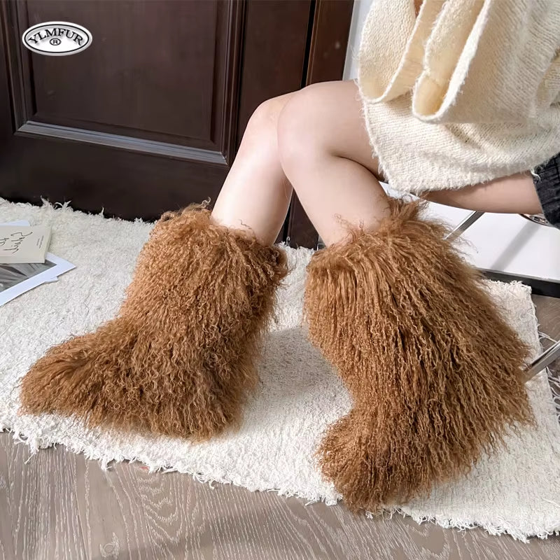 Real Mongolian Fur Noots Wool Boots Women'S Winter Boots Female Warm Snow Boot Fur Shoes Woman 2024 Trend