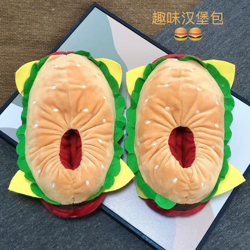 Funny Cotton Slippers Women Cute Cartoon Hamburger Shoes One Size Sneakers Female Indoor Home Slippers Warm Winter Slides Unisex