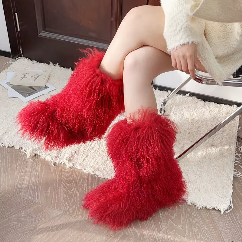 Real Mongolian Fur Noots Wool Boots Women'S Winter Boots Female Warm Snow Boot Fur Shoes Woman 2024 Trend