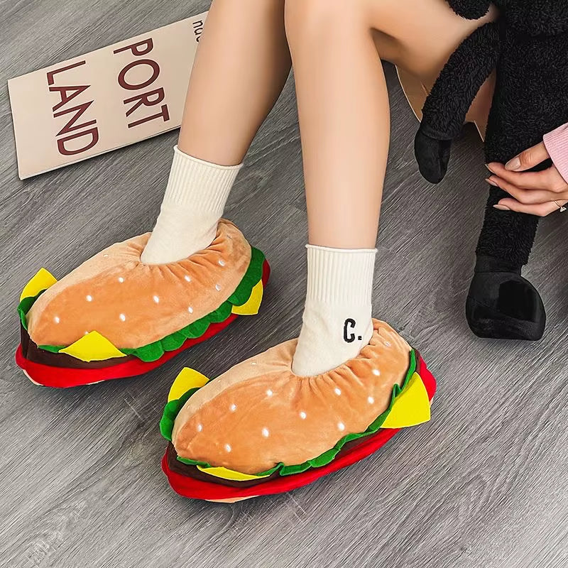 Funny Cotton Slippers Women Cute Cartoon Hamburger Shoes One Size Sneakers Female Indoor Home Slippers Warm Winter Slides Unisex